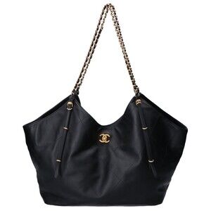 CHANEL AS5463 Metal Plate Black Calfskin Vintage Gold Hardware Coco Mark Turn...